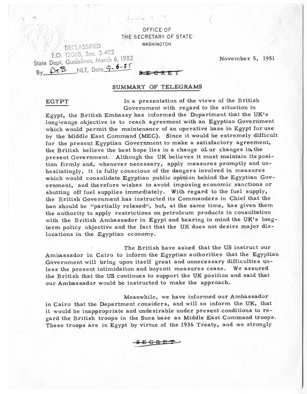 Memorandum, State Department Summary of Telegrams