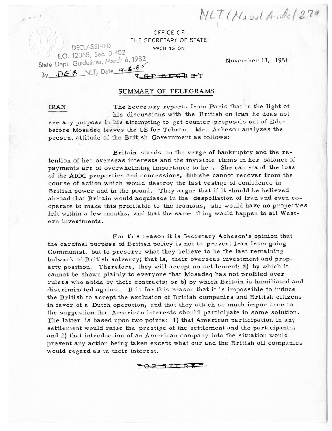 Memorandum, State Department Summary of Telegrams
