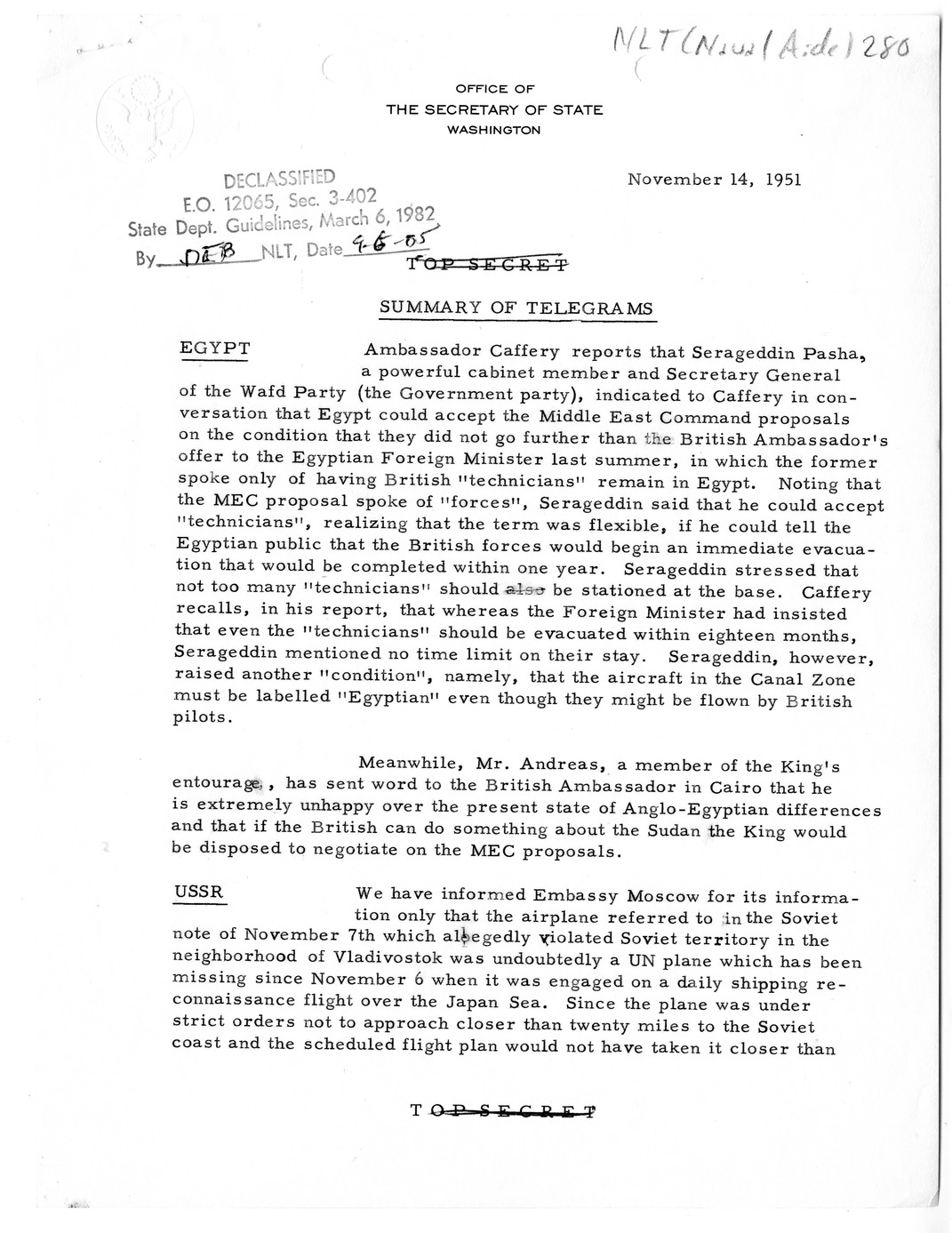 Memorandum, State Department Summary of Telegrams