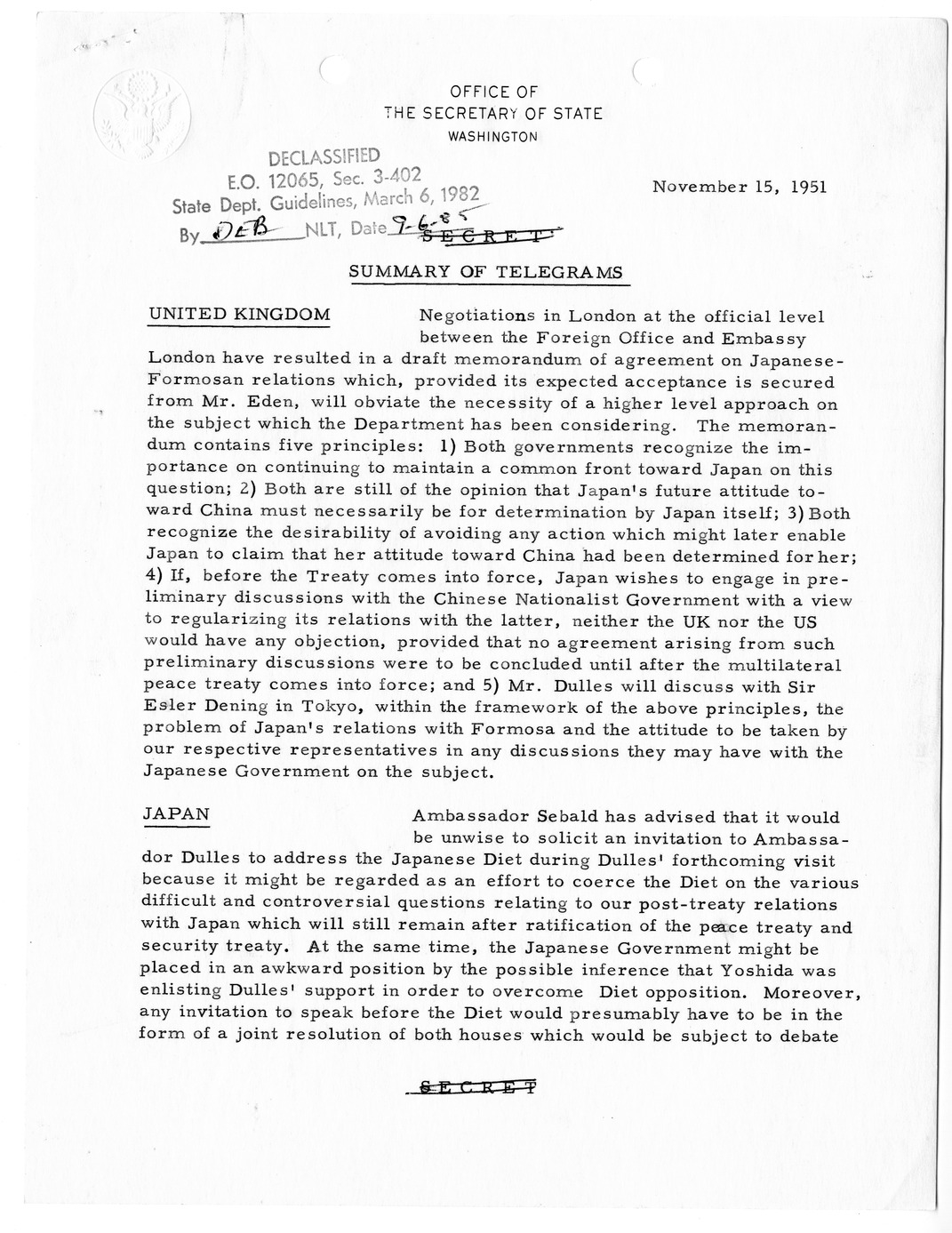 Memorandum, State Department Summary of Telegrams