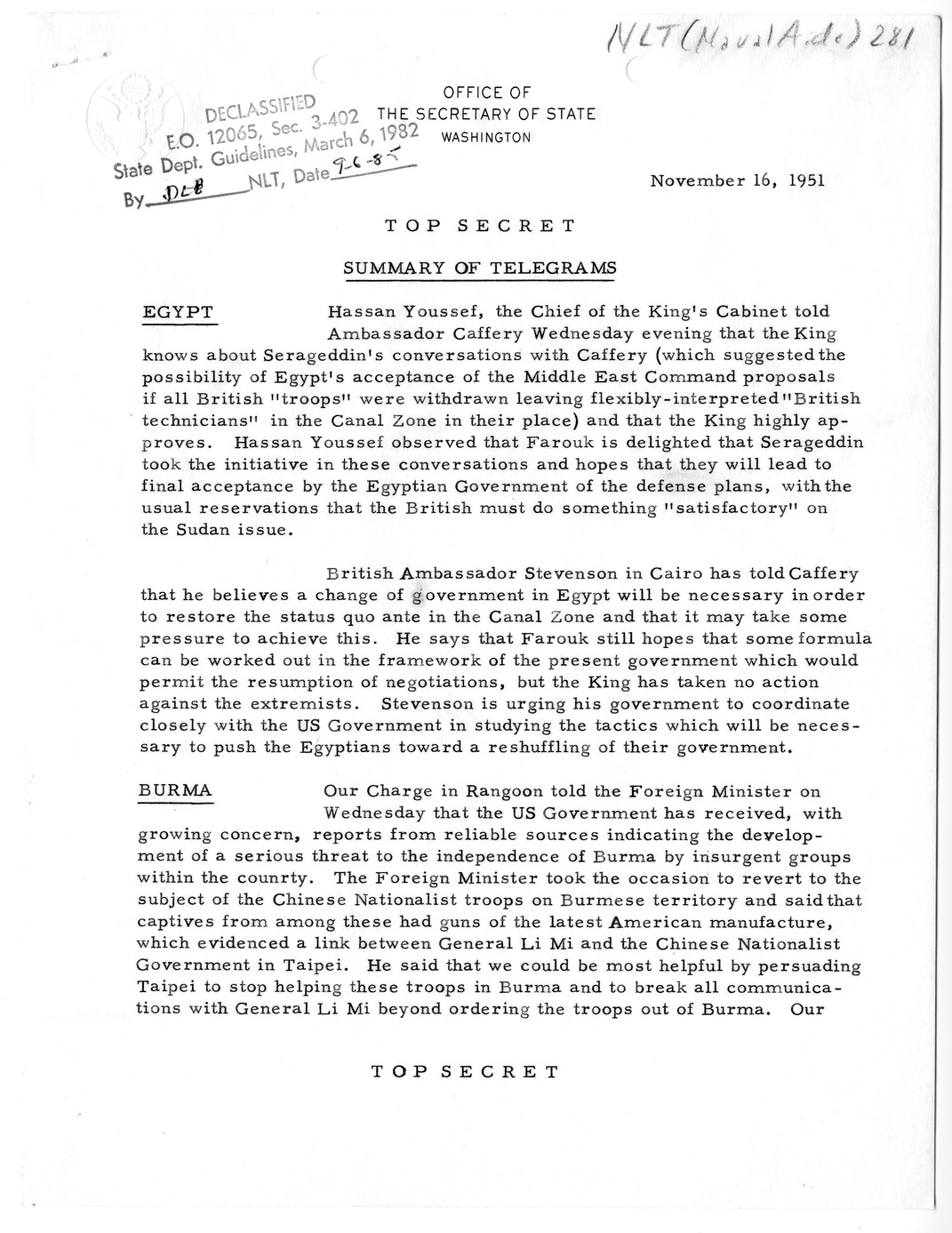 Memorandum, State Department Summary of Telegrams
