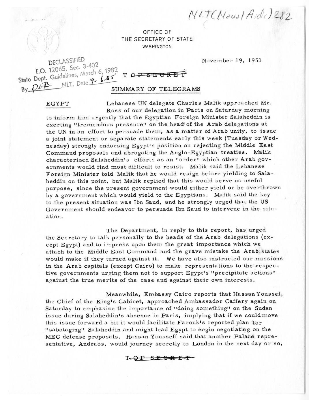 Memorandum, State Department Summary of Telegrams