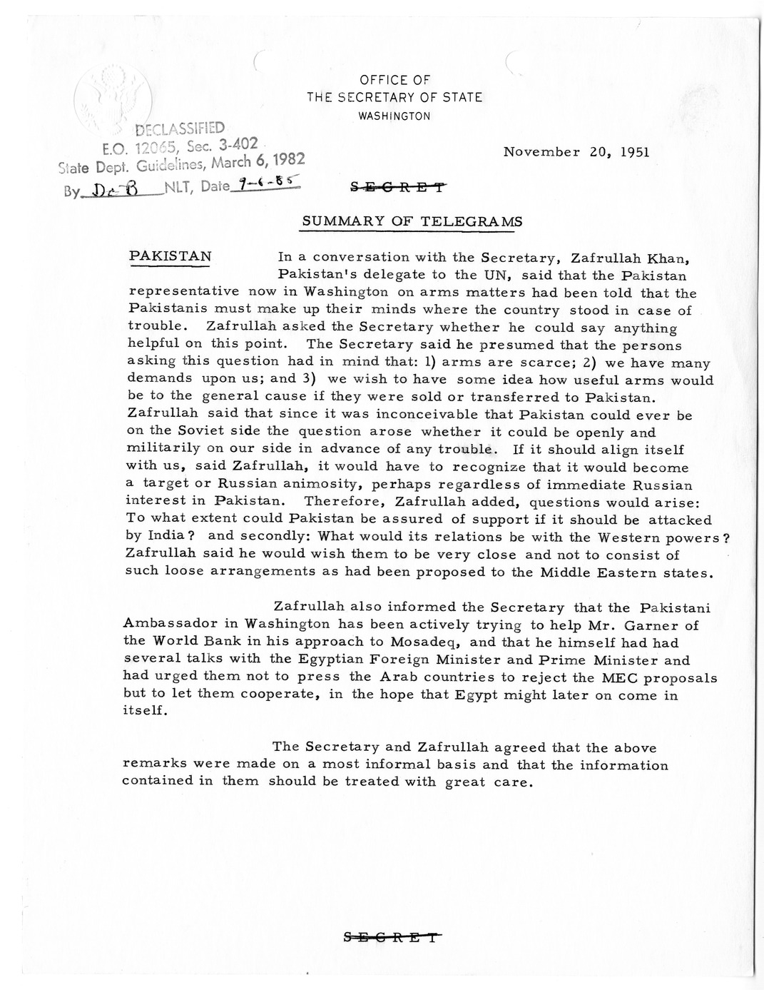 Memorandum, State Department Summary of Telegrams