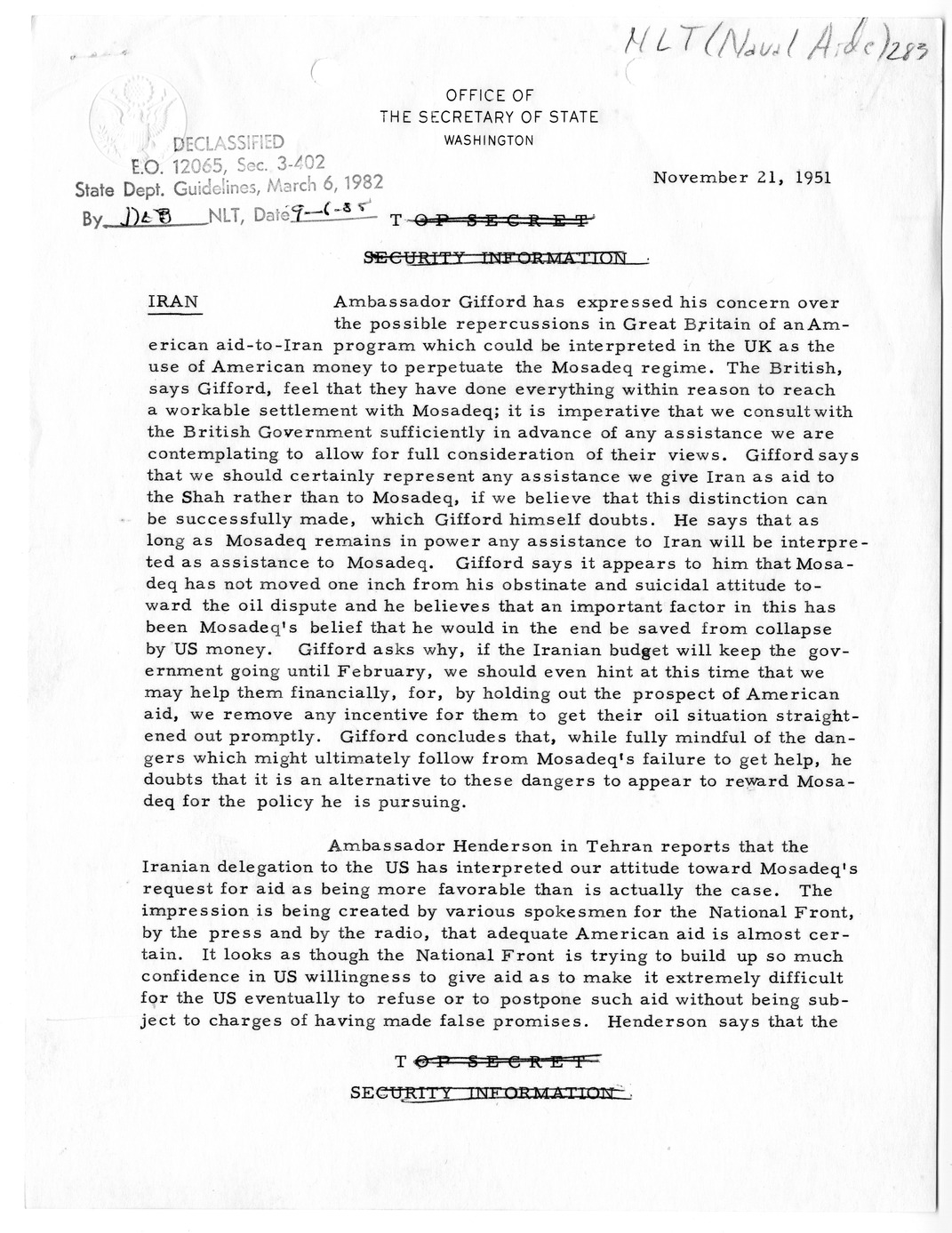 Memorandum, State Department Summary of Telegrams