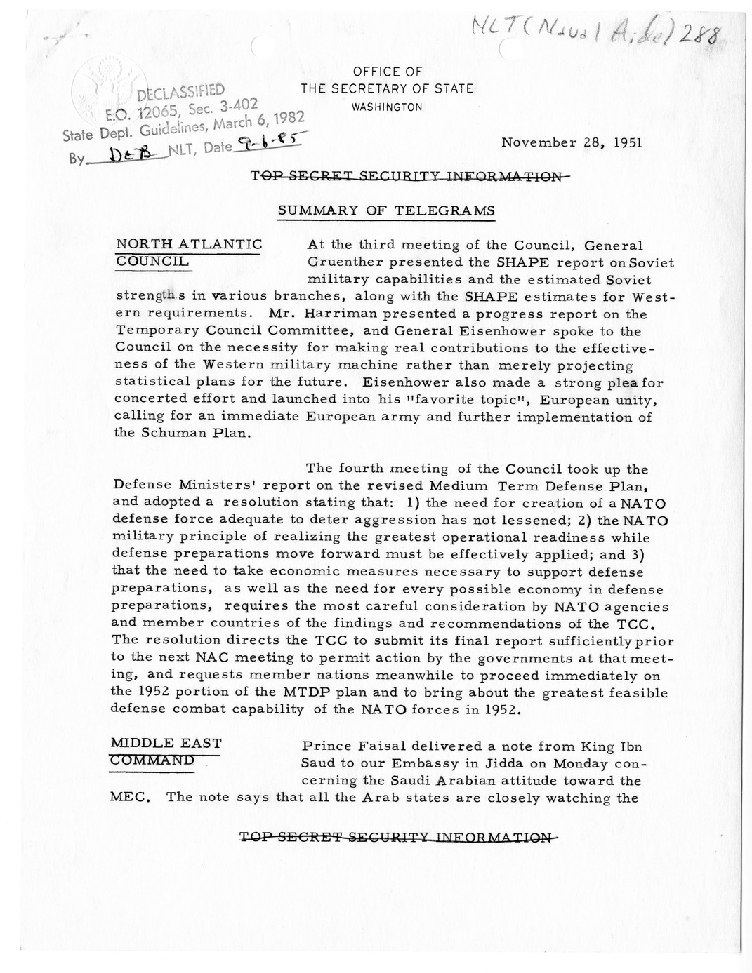 Memorandum, State Department Summary of Telegrams