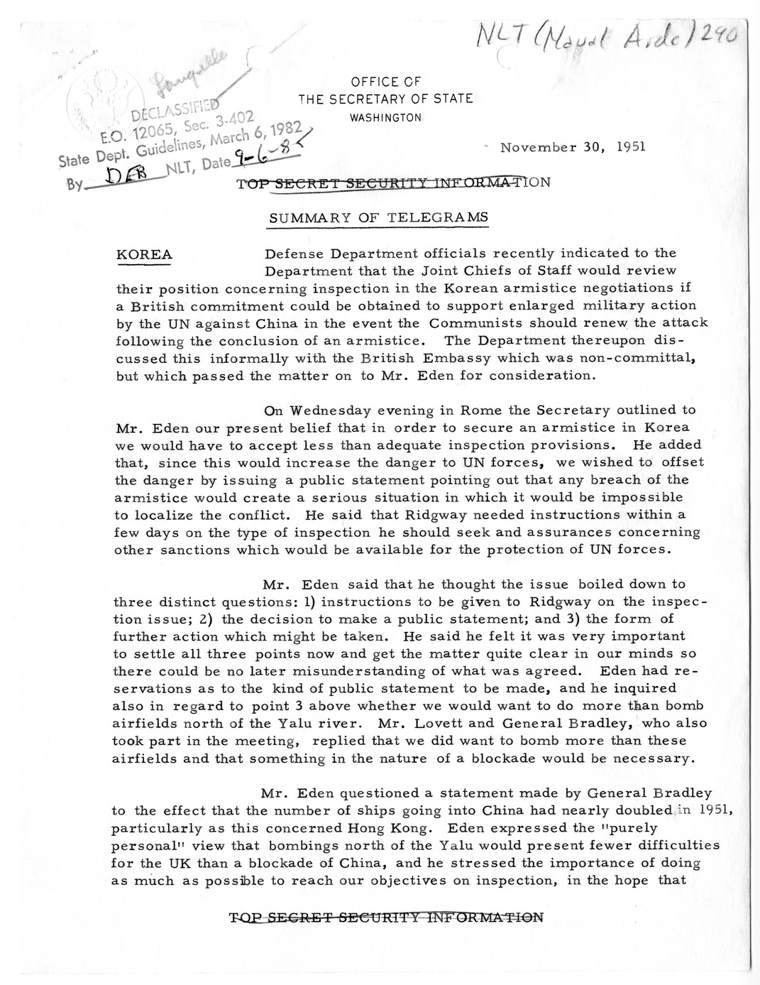 Memorandum, State Department Summary of Telegrams