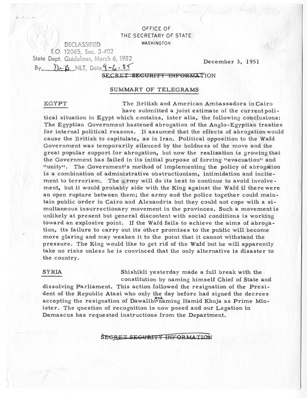 Memorandum, State Department Summary of Telegrams