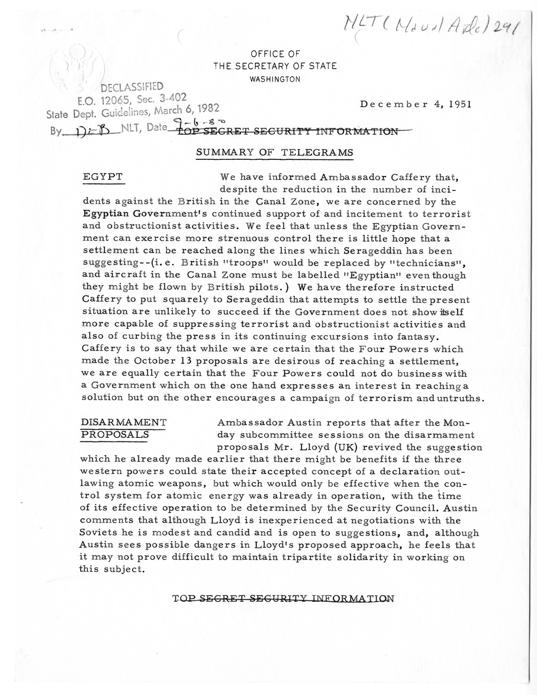 Memorandum, State Department Summary of Telegrams