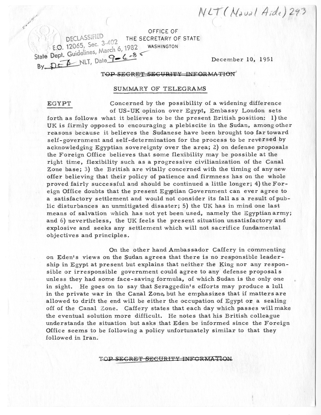 Memorandum, State Department Summary of Telegrams