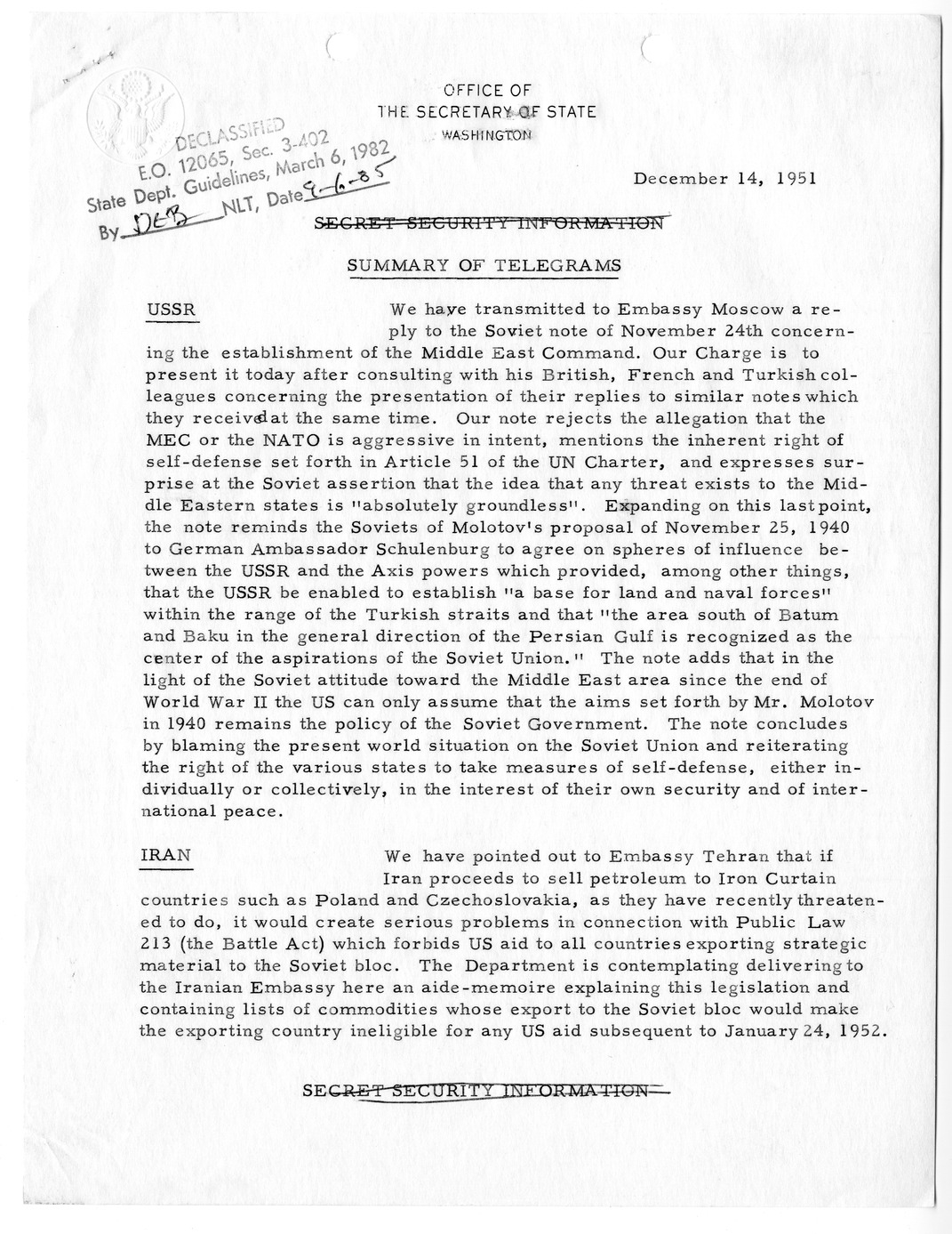Memorandum, State Department Summary of Telegrams