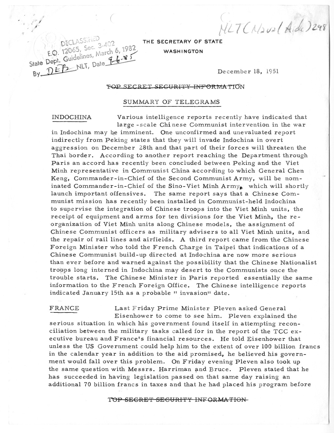 Memorandum, State Department Summary of Telegrams