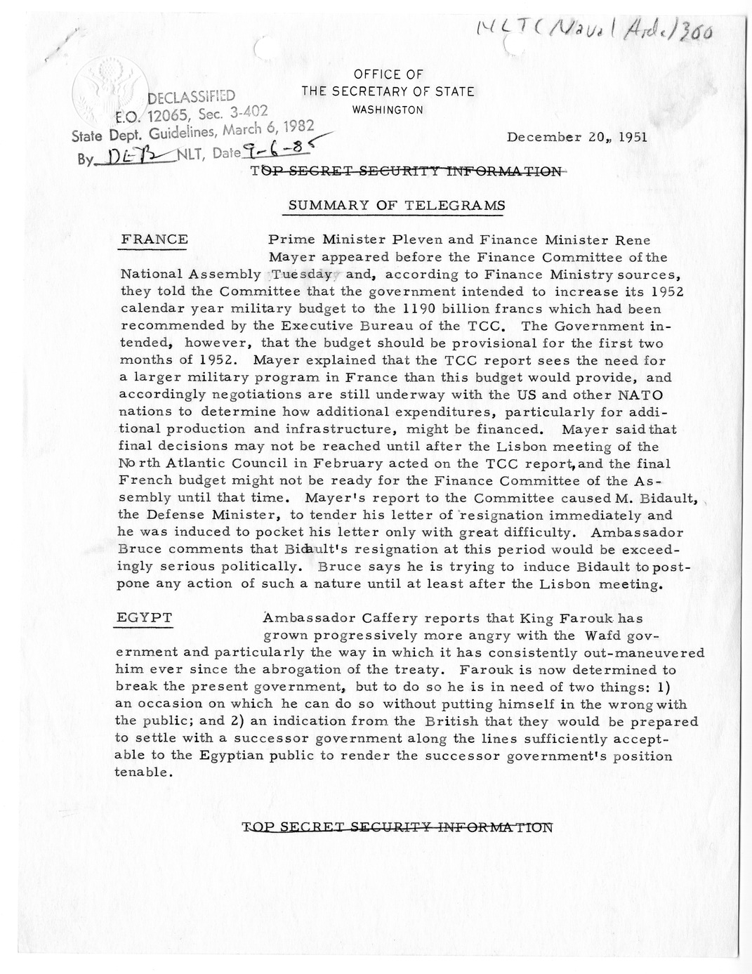 Memorandum, State Department Summary of Telegrams