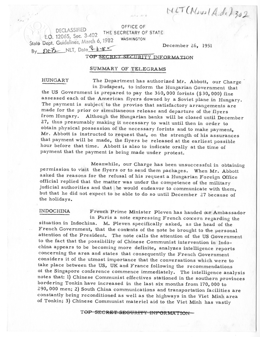 Memorandum, State Department Summary of Telegrams