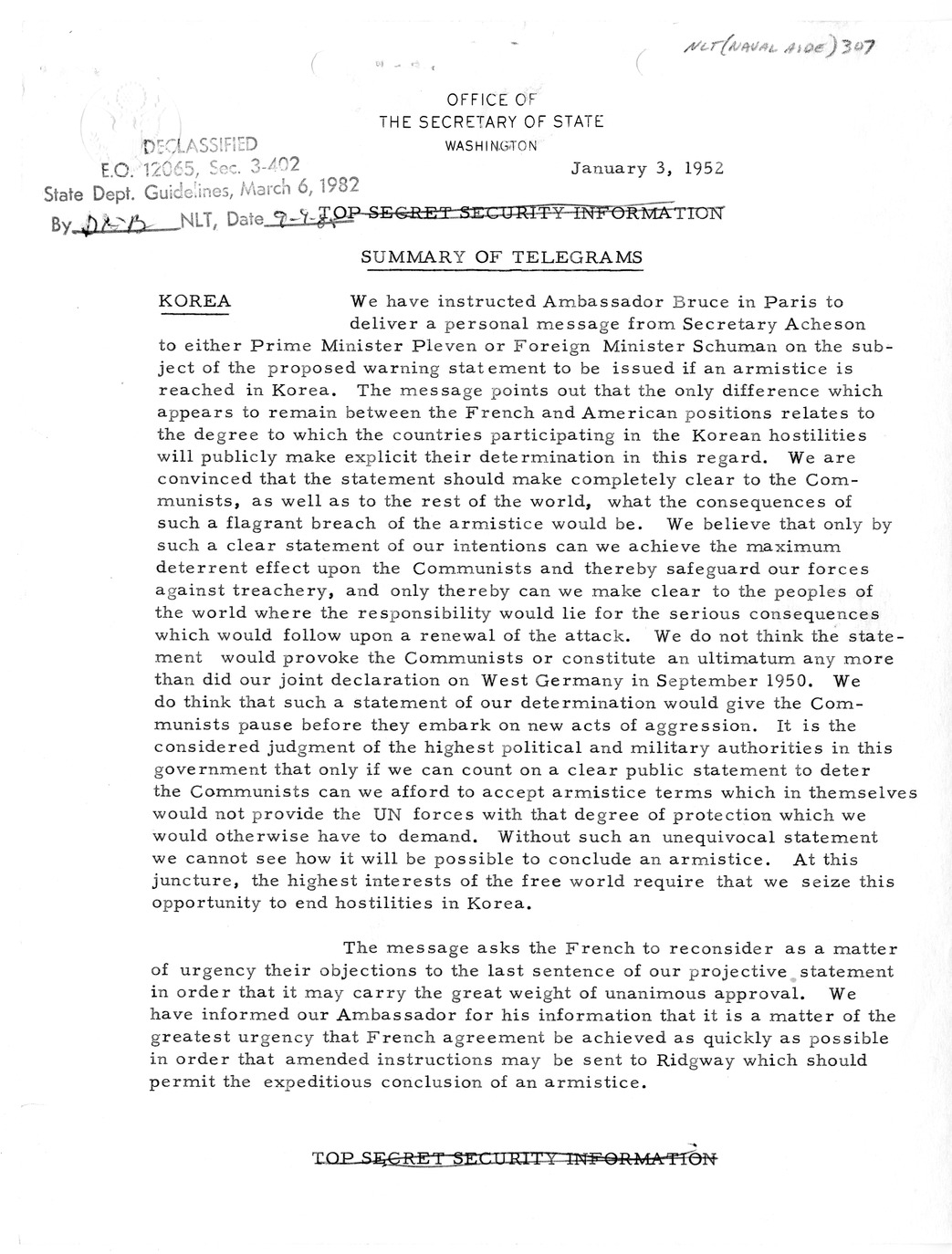 Memorandum, State Department Summary of Telegrams