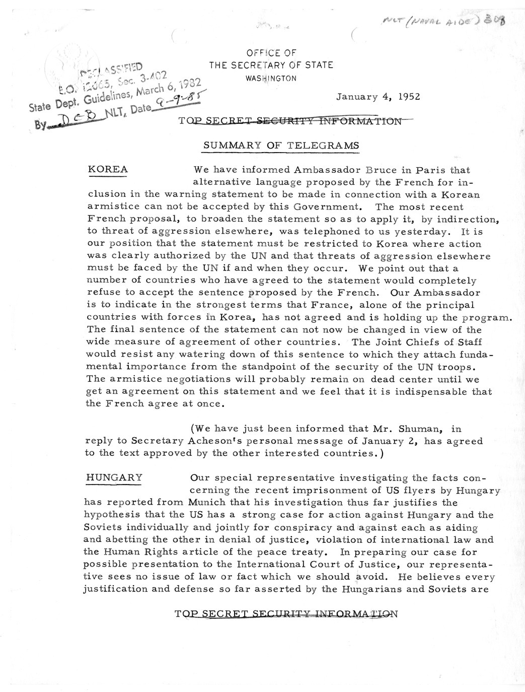 Memorandum, State Department Summary of Telegrams