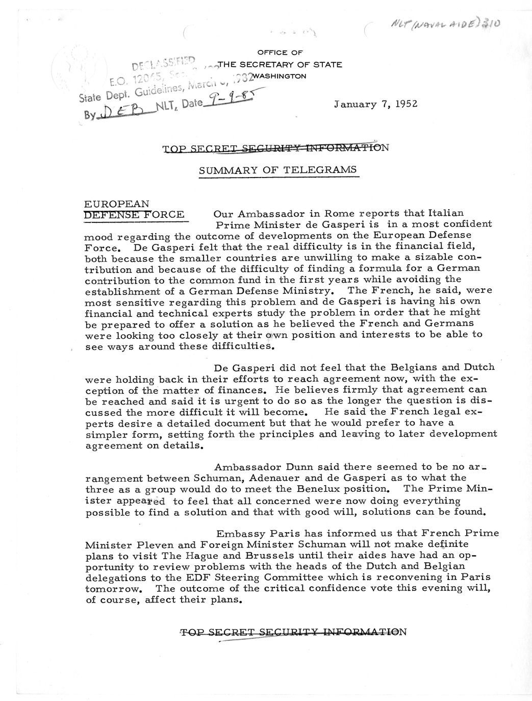 Memorandum, State Department Summary of Telegrams