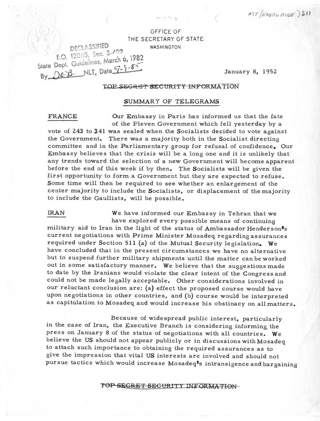 Memorandum, State Department Summary of Telegrams