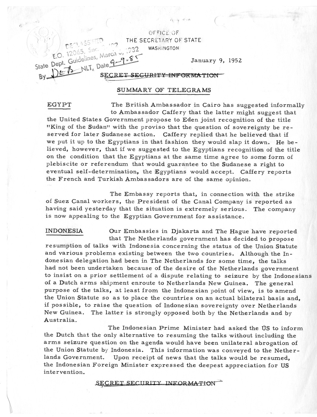 Memorandum, State Department Summary of Telegrams