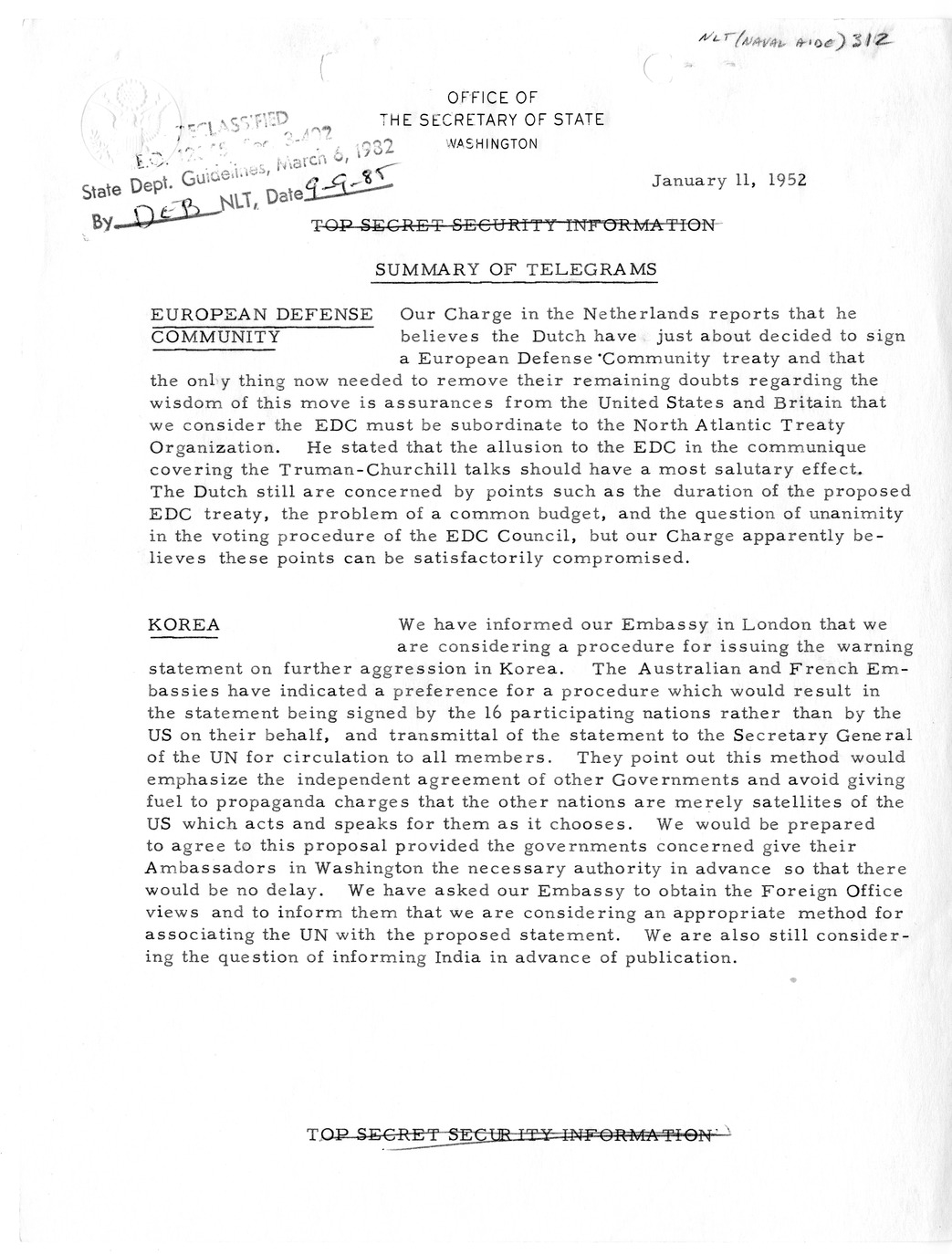 Memorandum, State Department Summary of Telegrams