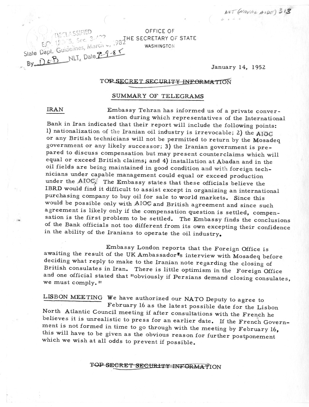 Memorandum, State Department Summary of Telegrams