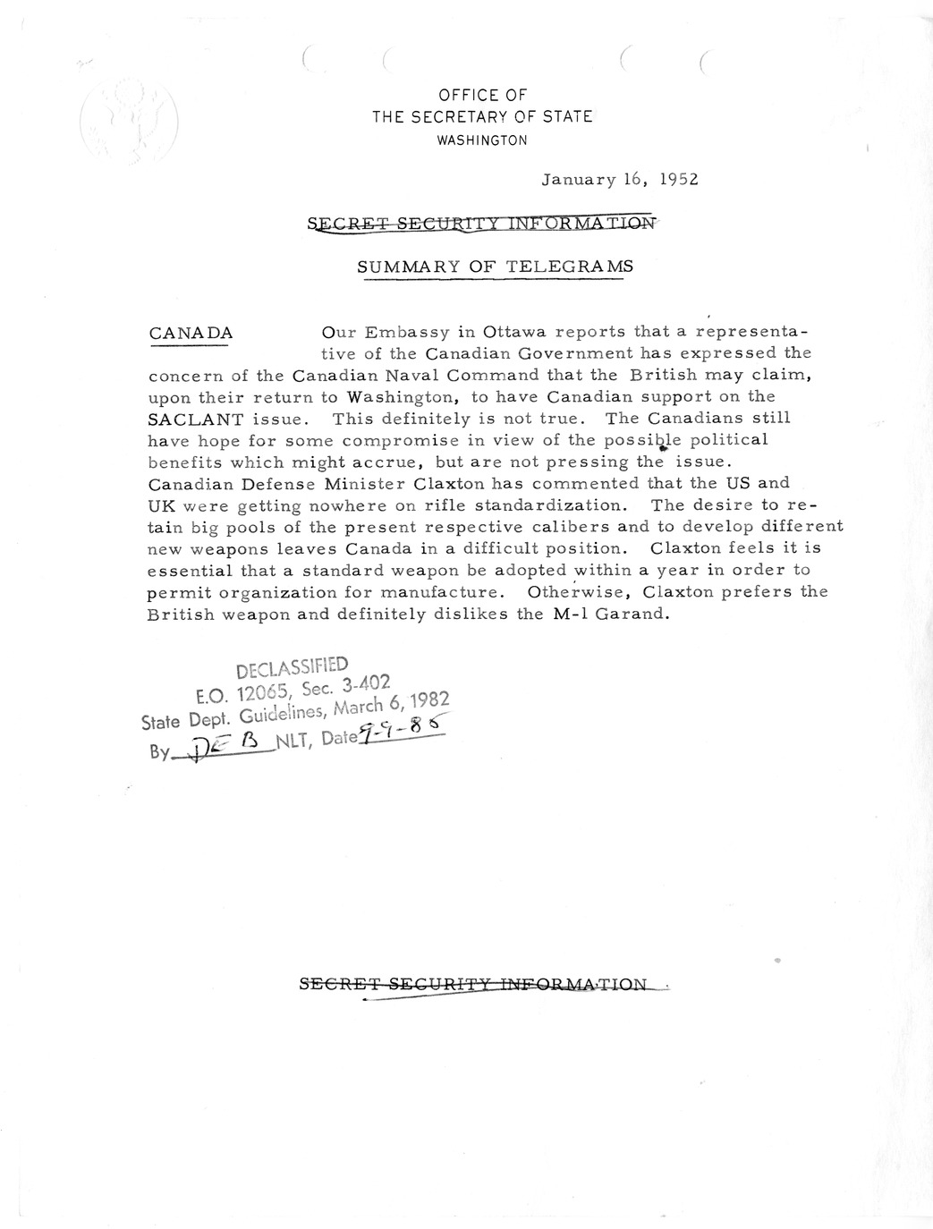 Memorandum, State Department Summary of Telegrams