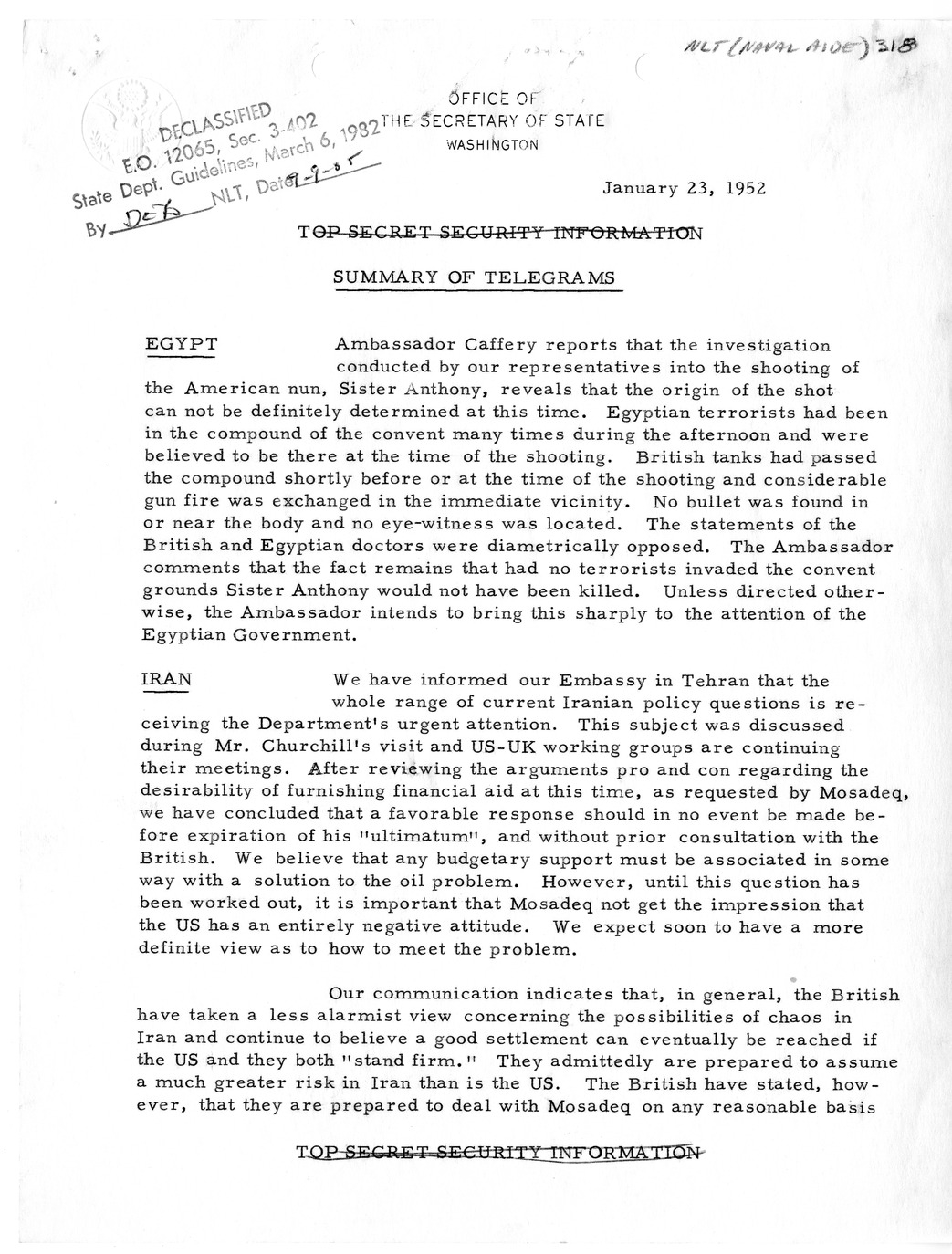 Memorandum, State Department Summary of Telegrams