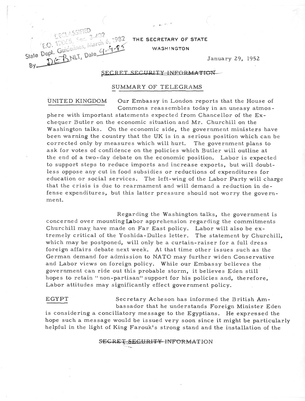 Memorandum, State Department Summary of Telegrams