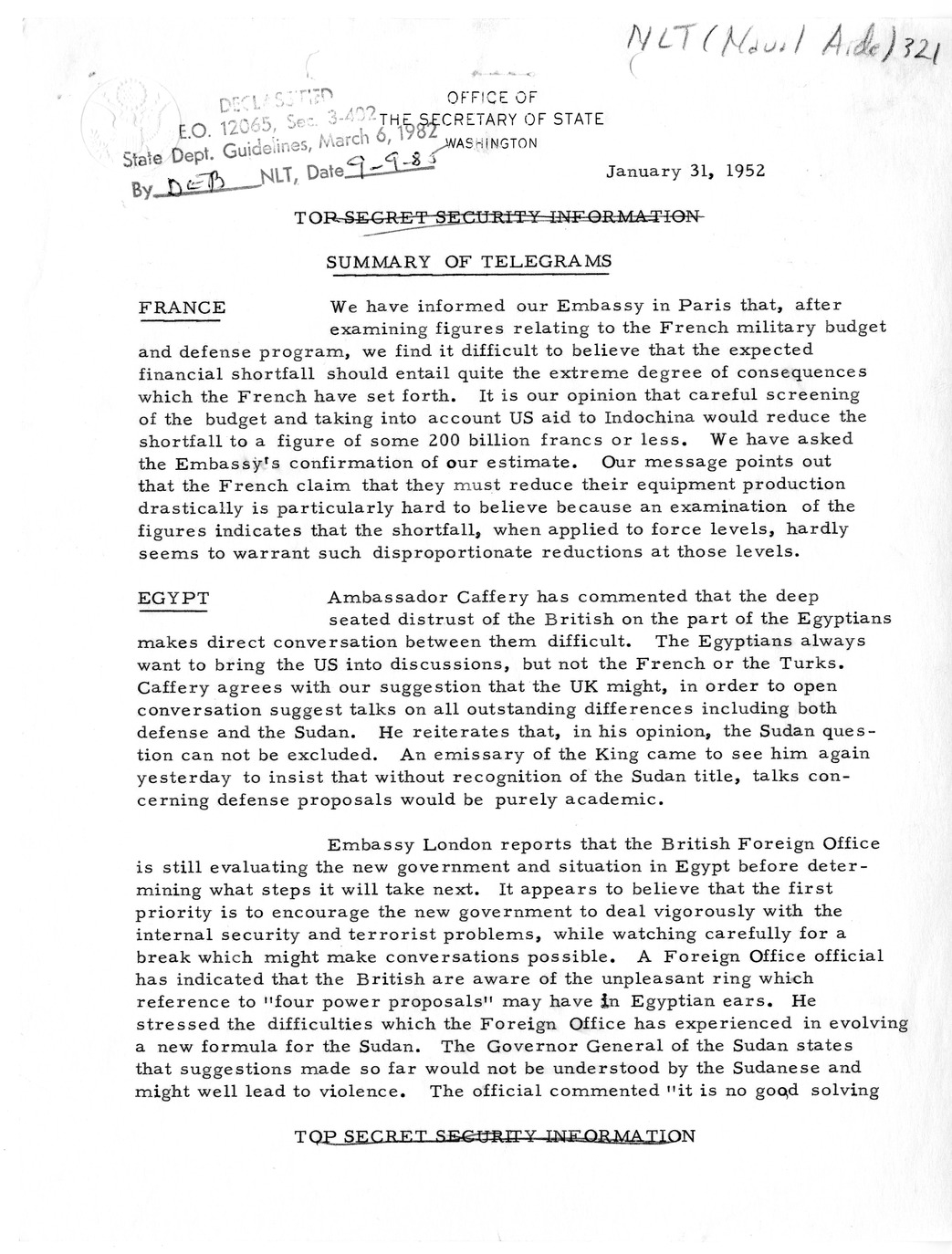 Memorandum, State Department Summary of Telegrams