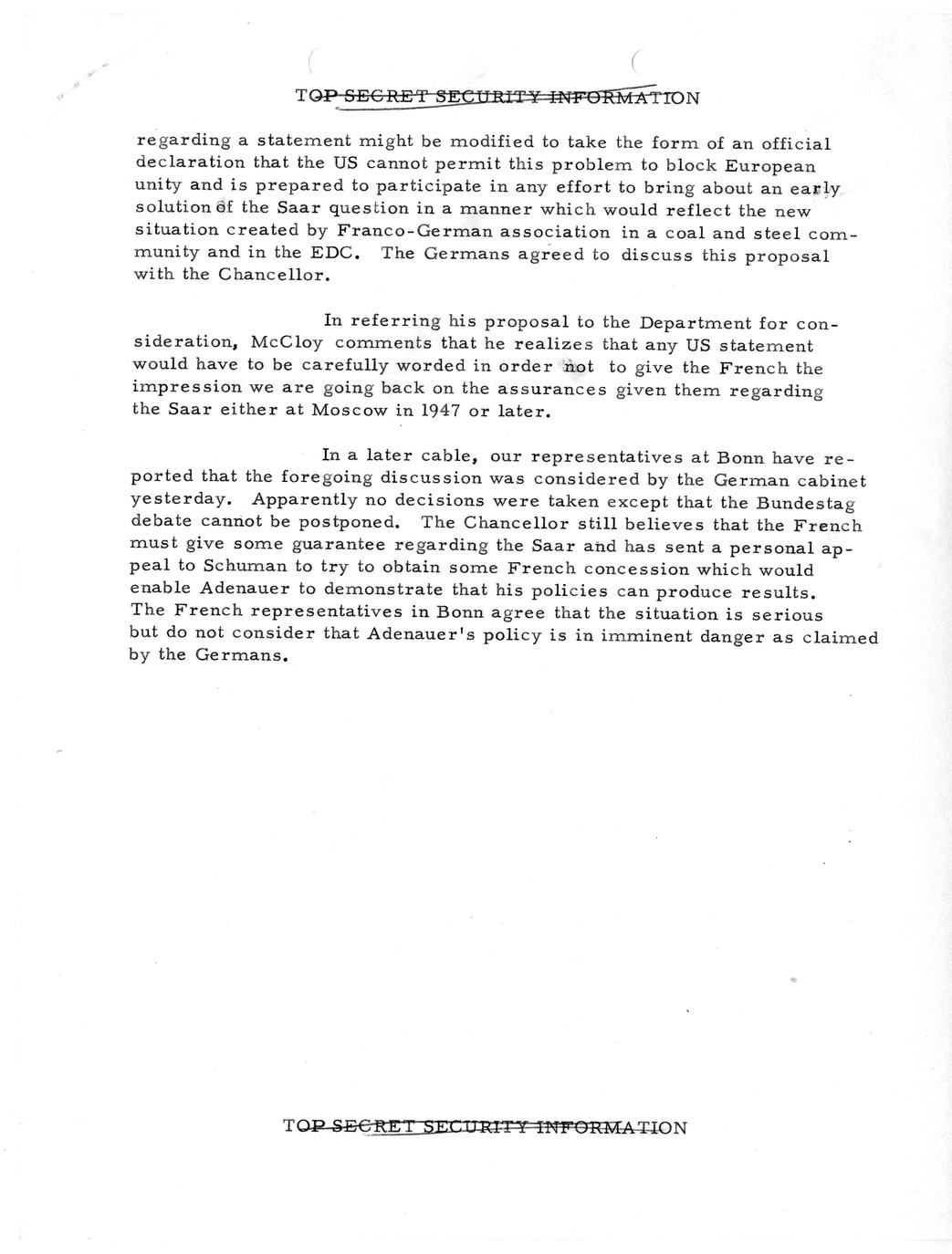 Memorandum, State Department Summary of Telegrams