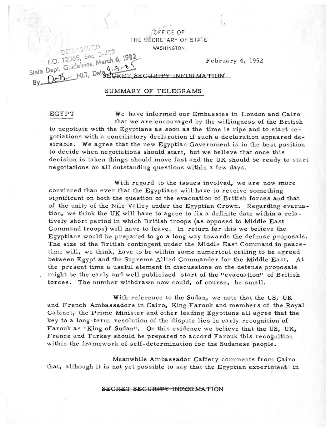 Memorandum, State Department Summary of Telegrams