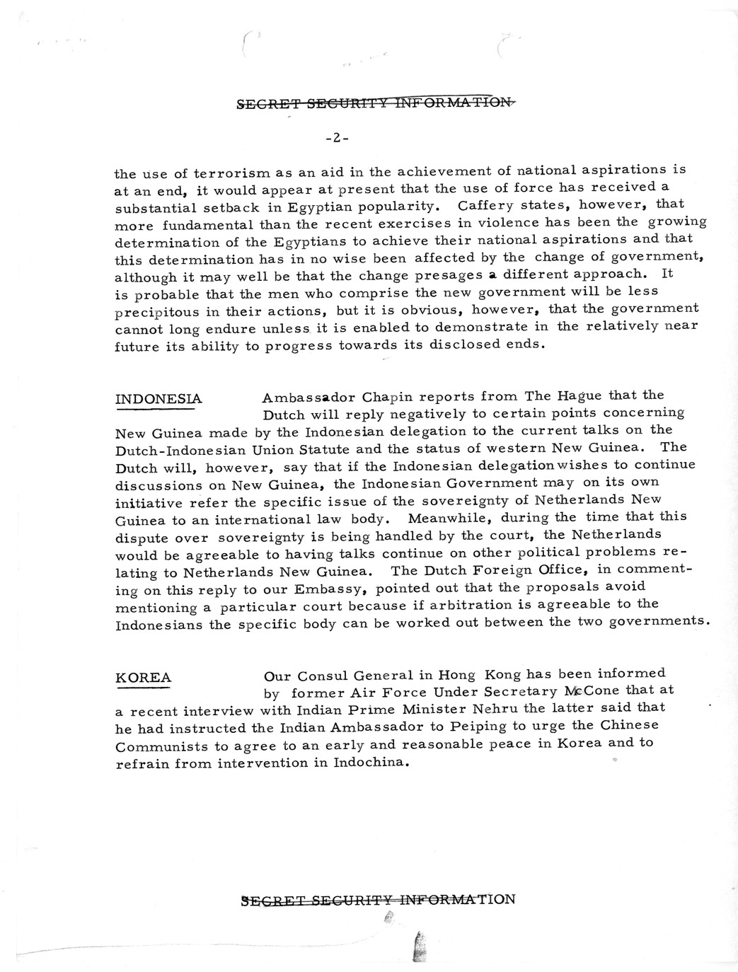 Memorandum, State Department Summary of Telegrams