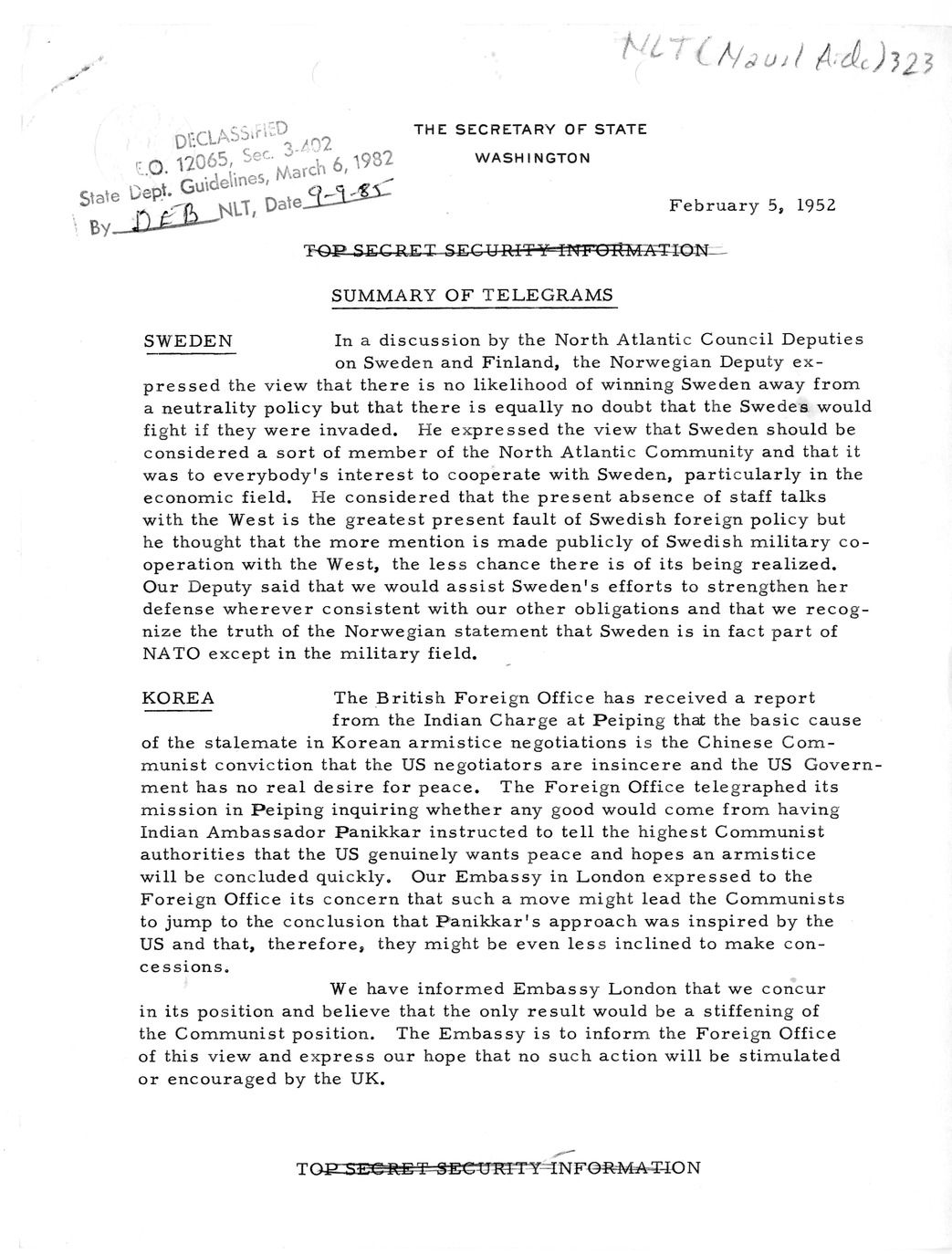 Memorandum, State Department Summary of Telegrams