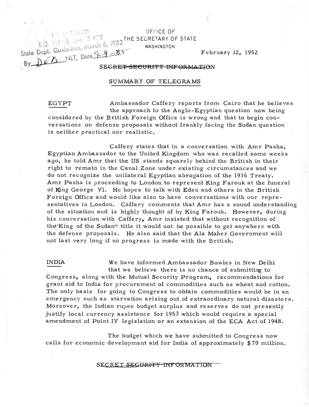 Memorandum, State Department Summary of Telegrams