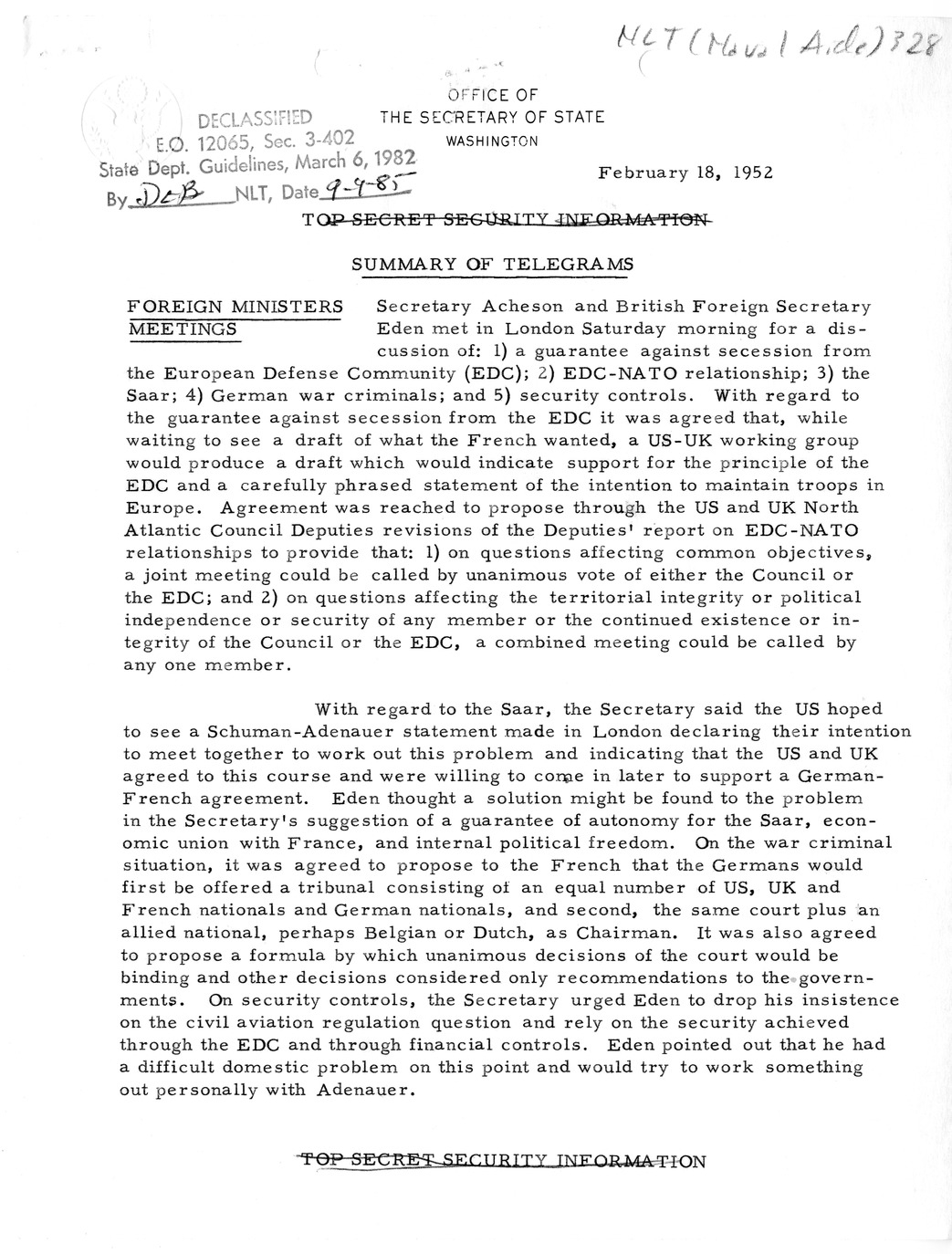 Memorandum, State Department Summary of Telegrams