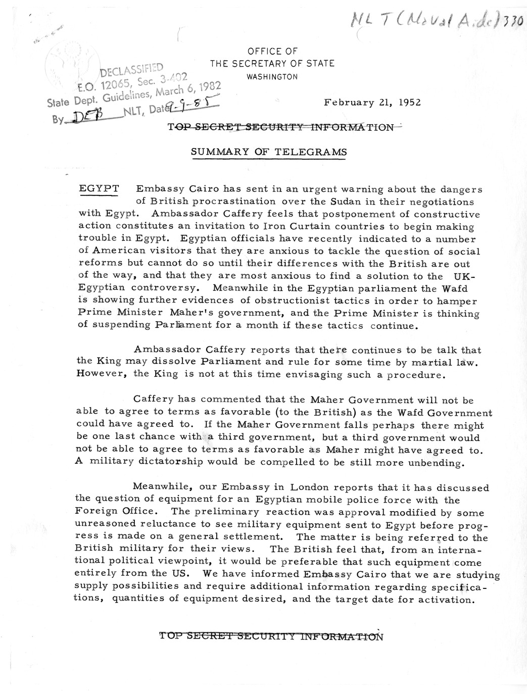 Memorandum, State Department Summary of Telegrams