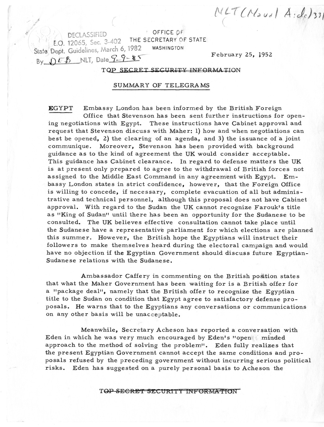 Memorandum, State Department Summary of Telegrams