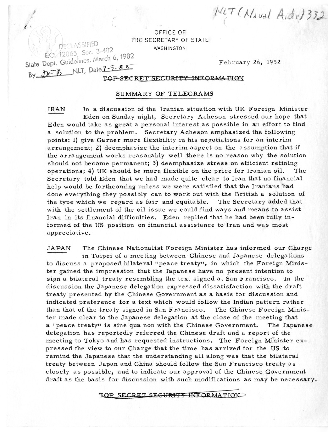 Memorandum, State Department Summary of Telegrams