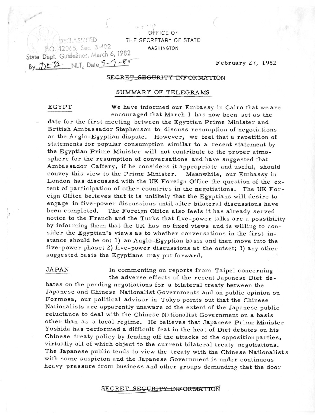 Memorandum, State Department Summary of Telegrams