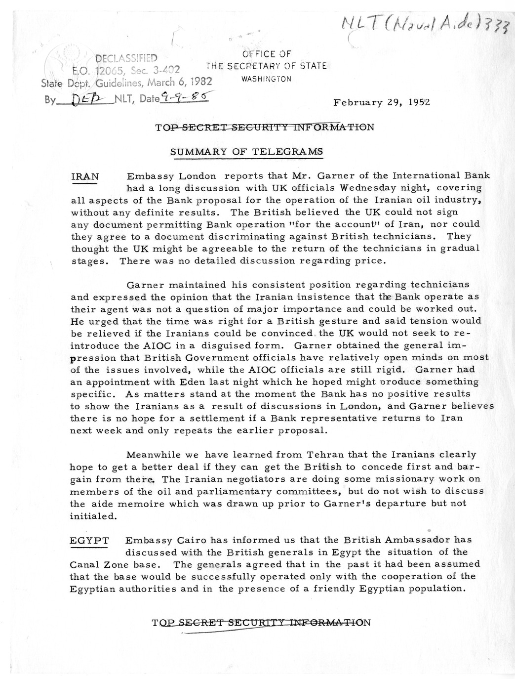 Memorandum, State Department Summary of Telegrams