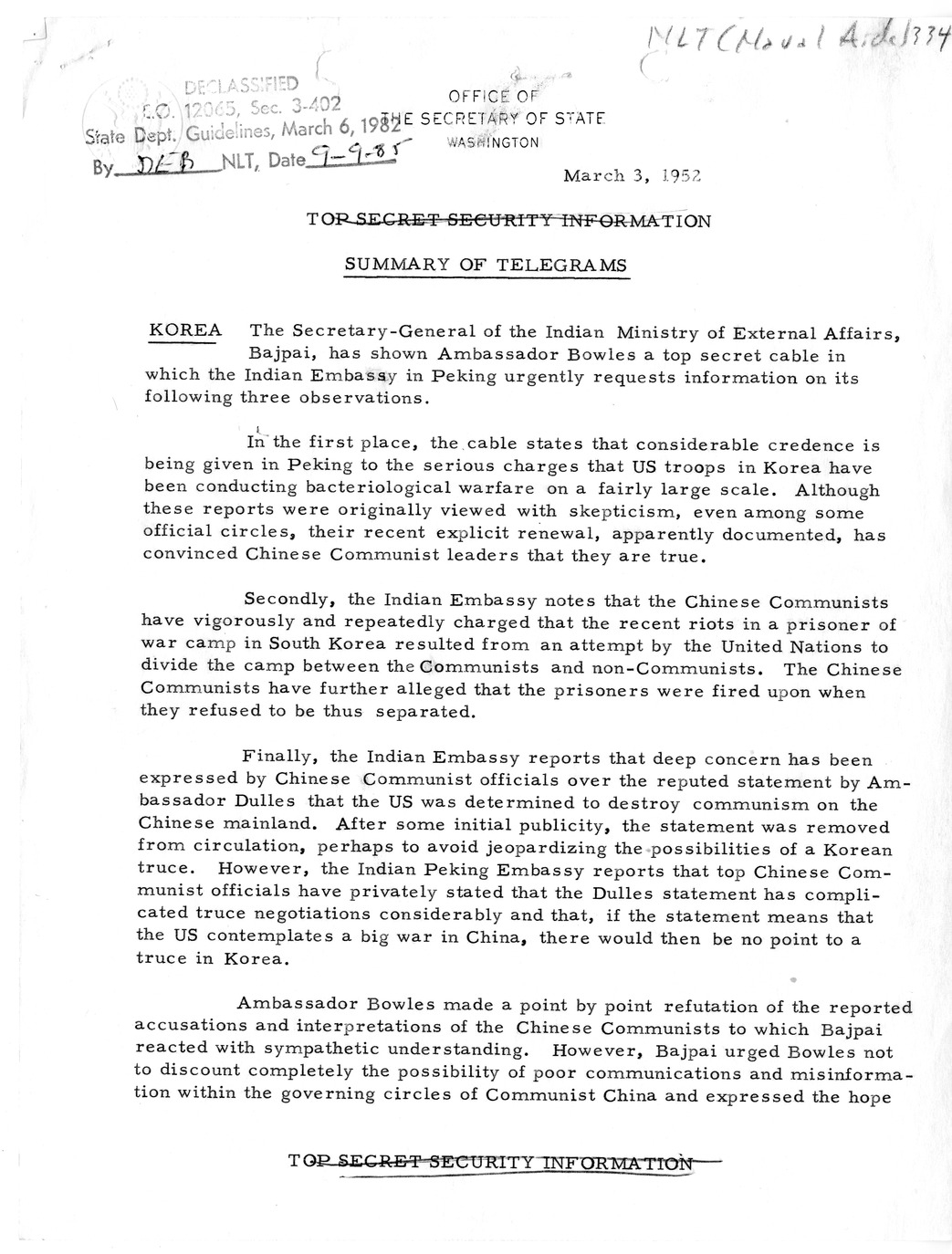 Memorandum, State Department Summary of Telegrams