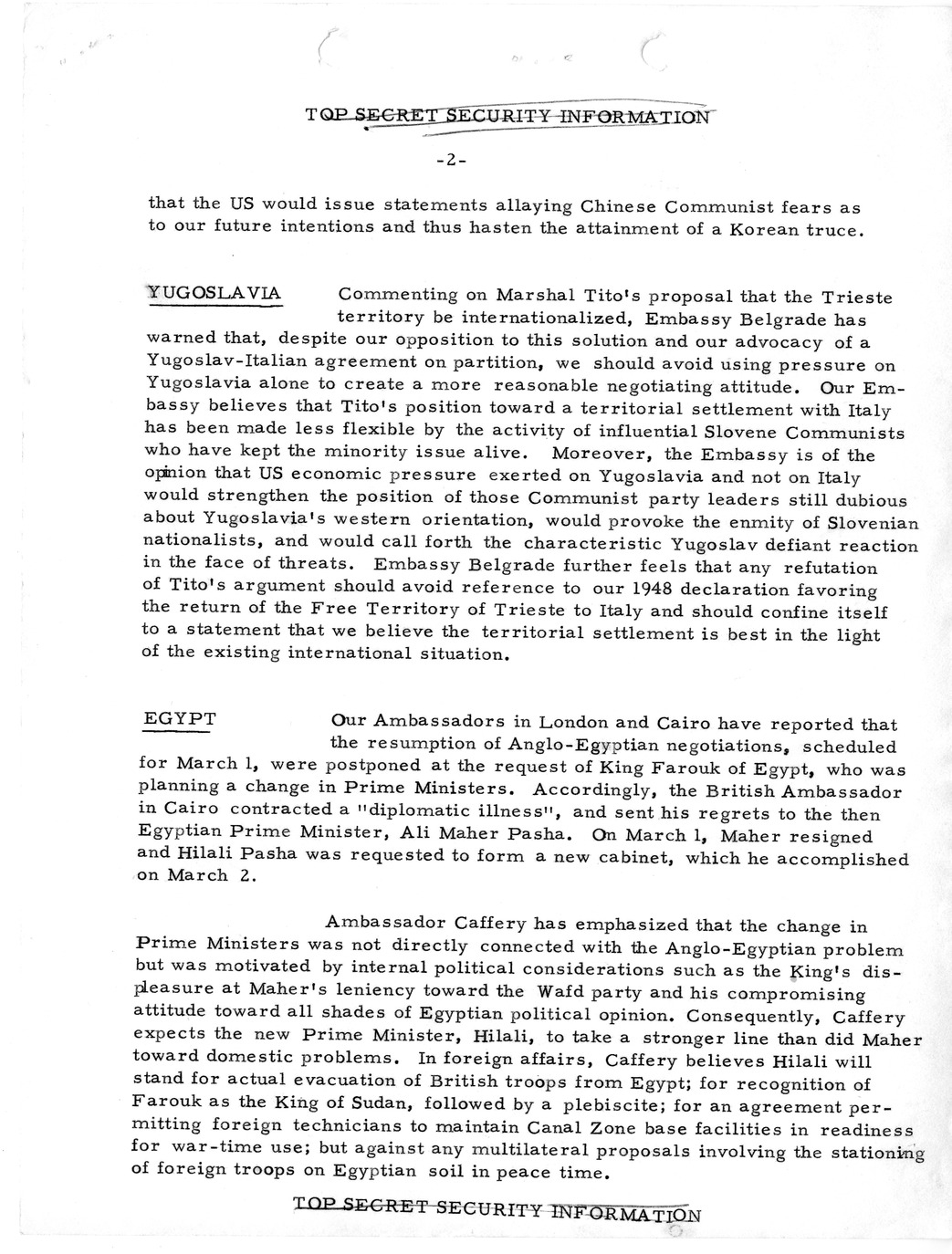 Memorandum, State Department Summary of Telegrams