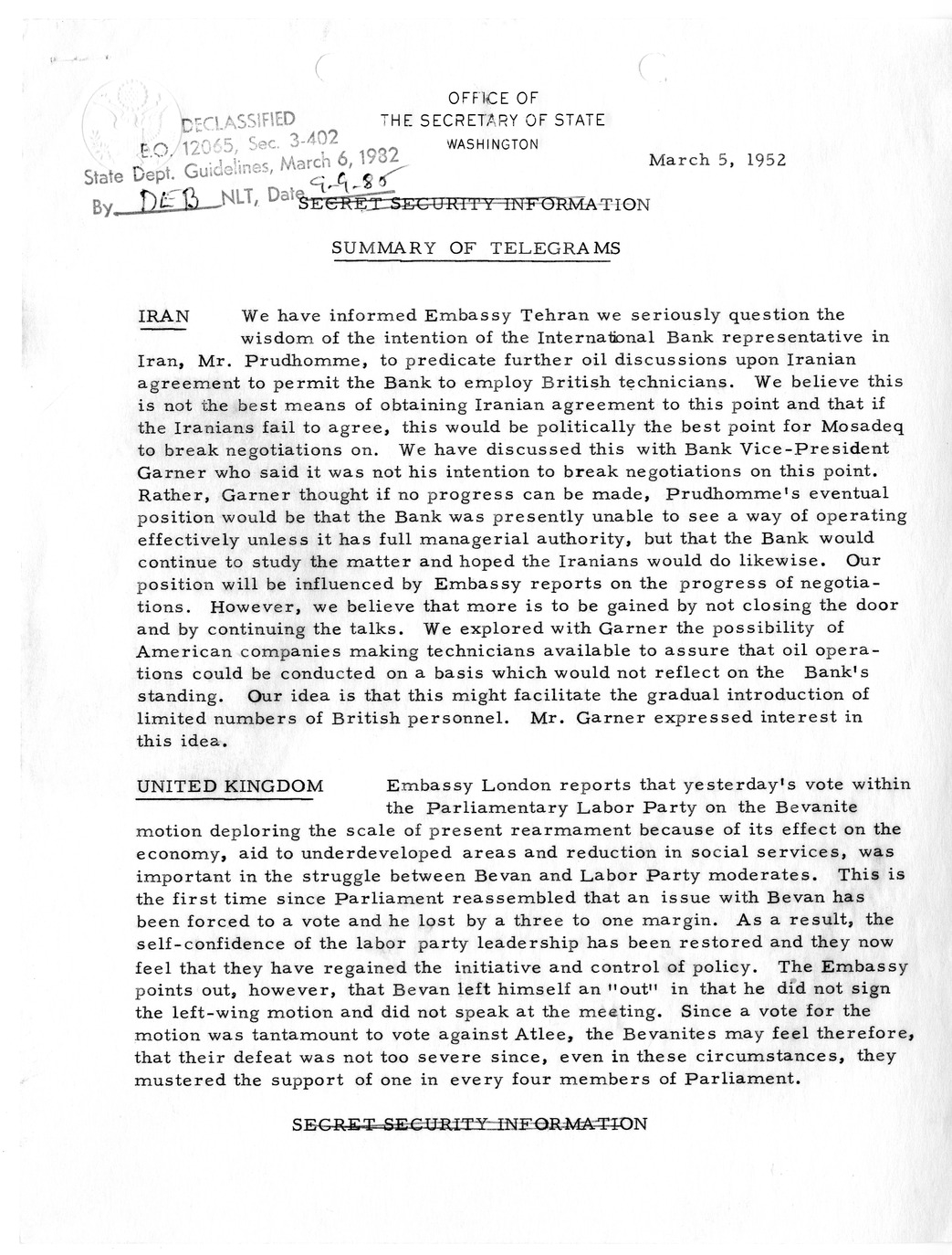 Memorandum, State Department Summary of Telegrams