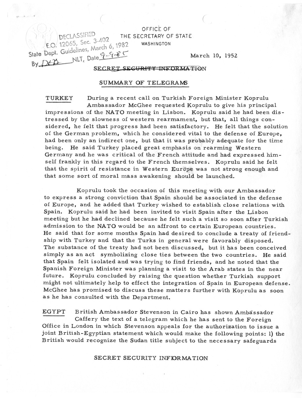 Memorandum, State Department Summary of Telegrams