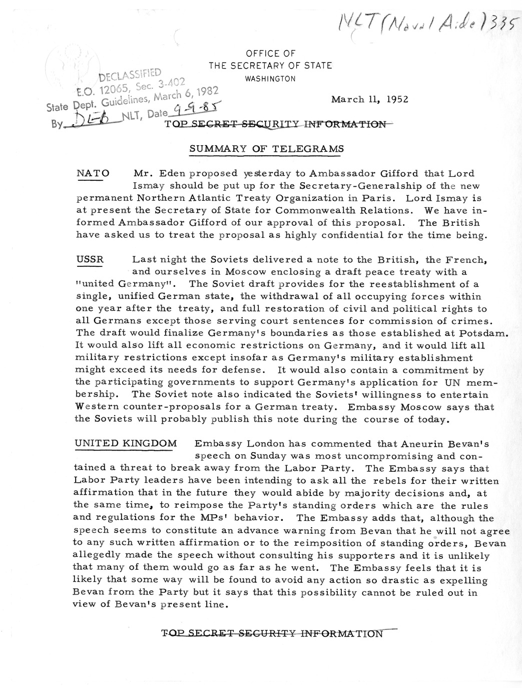 Memorandum, State Department Summary of Telegrams