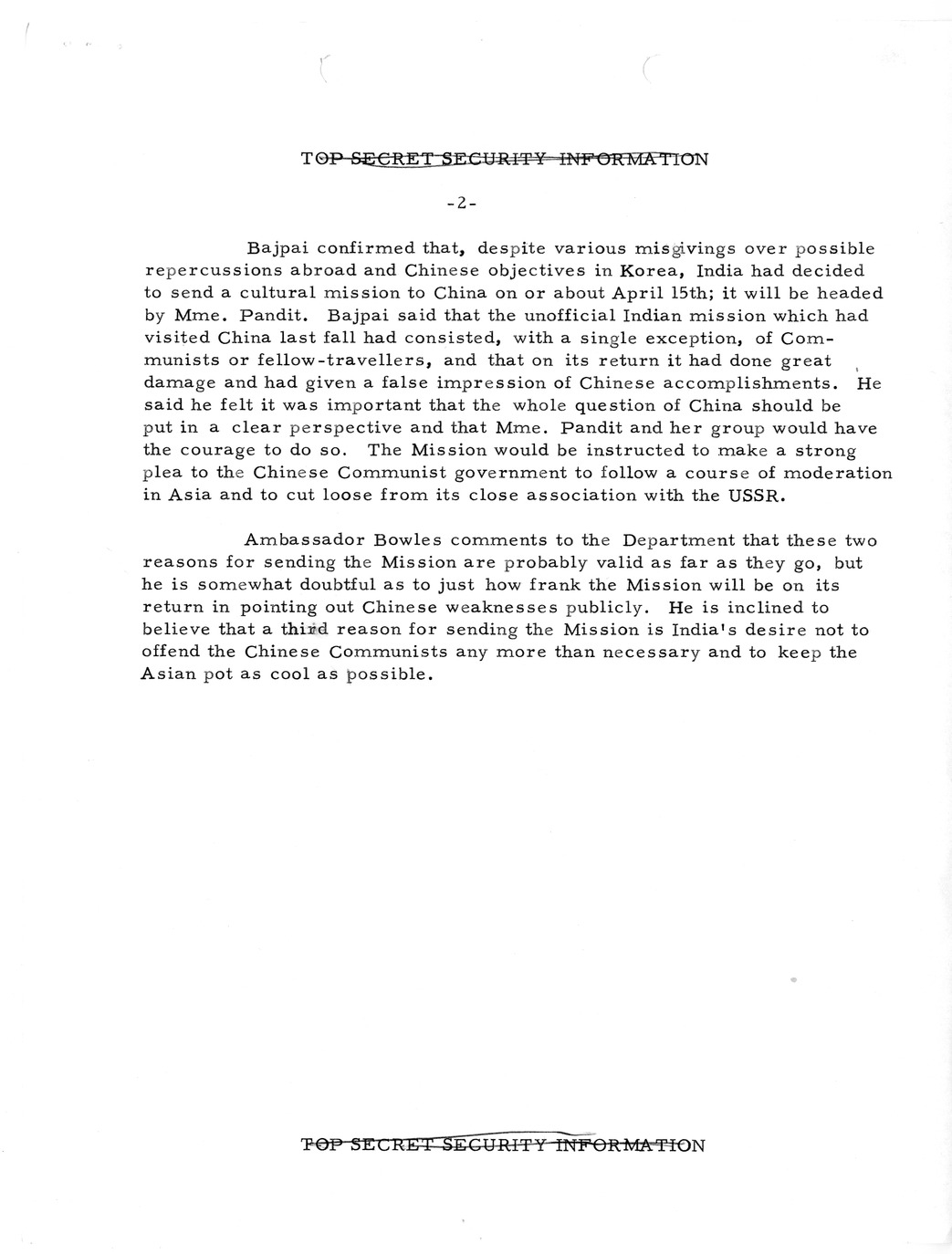 Memorandum, State Department Summary of Telegrams