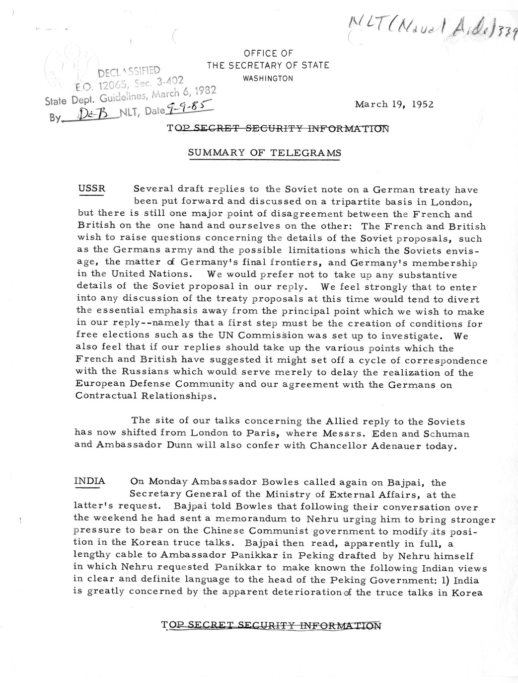 Memorandum, State Department Summary of Telegrams