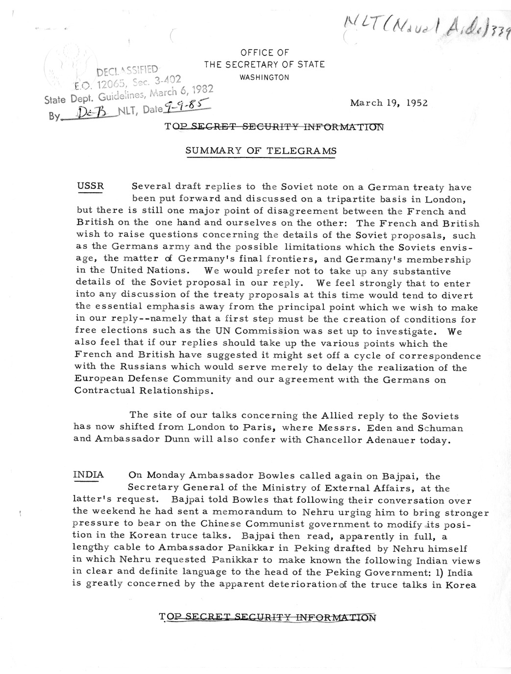 Memorandum, State Department Summary of Telegrams