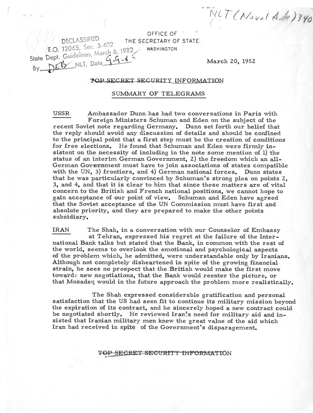 Memorandum, State Department Summary of Telegrams