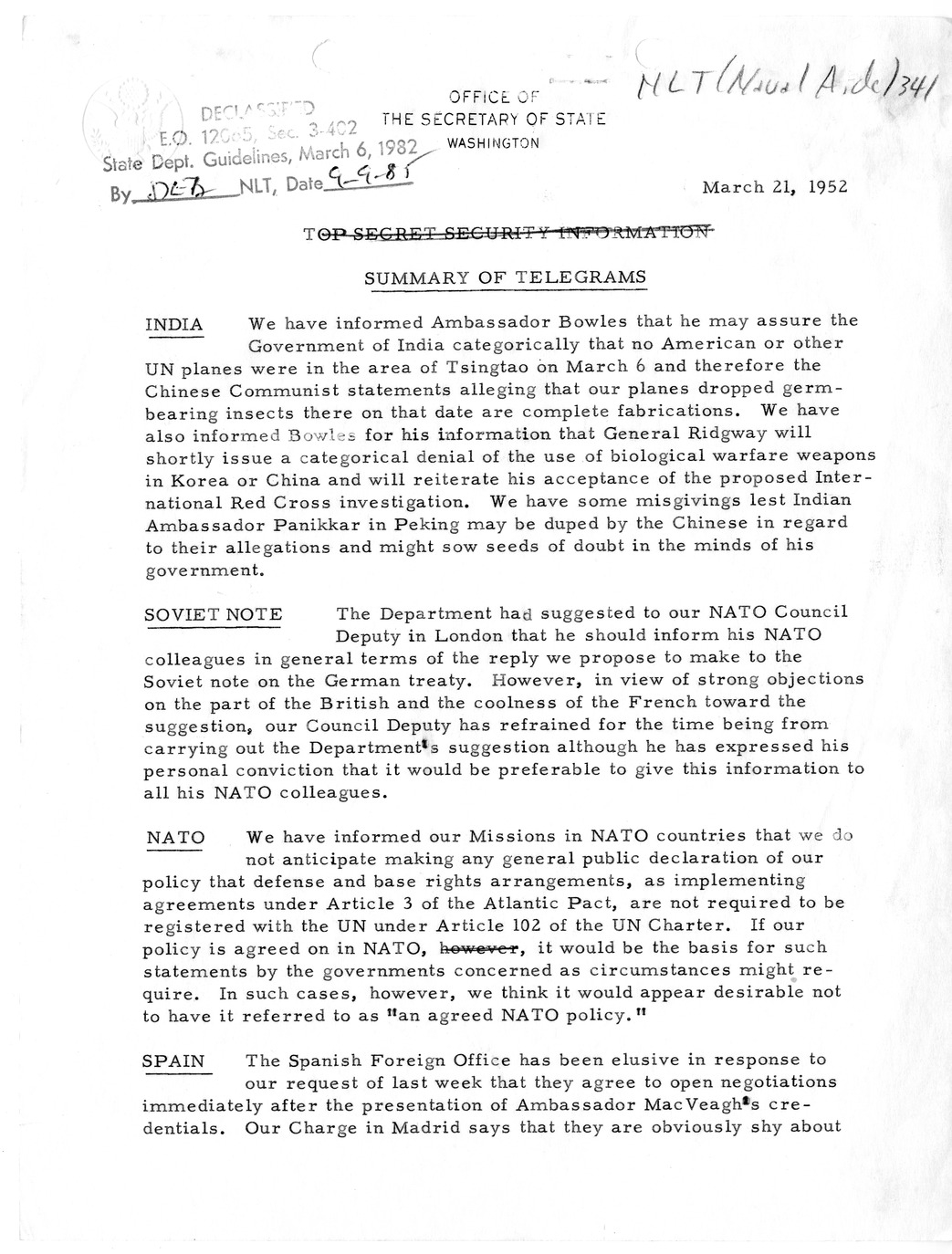 Memorandum, State Department Summary of Telegrams