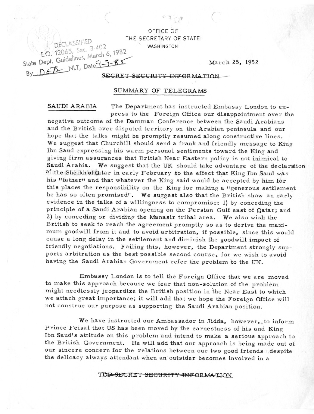Memorandum, State Department Summary of Telegrams